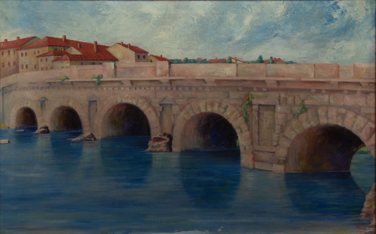 Italian OIl on Canvas Signed G. Monk 1933, "Ponte Di Tiberio", H 24" W 40" (1 of 5)