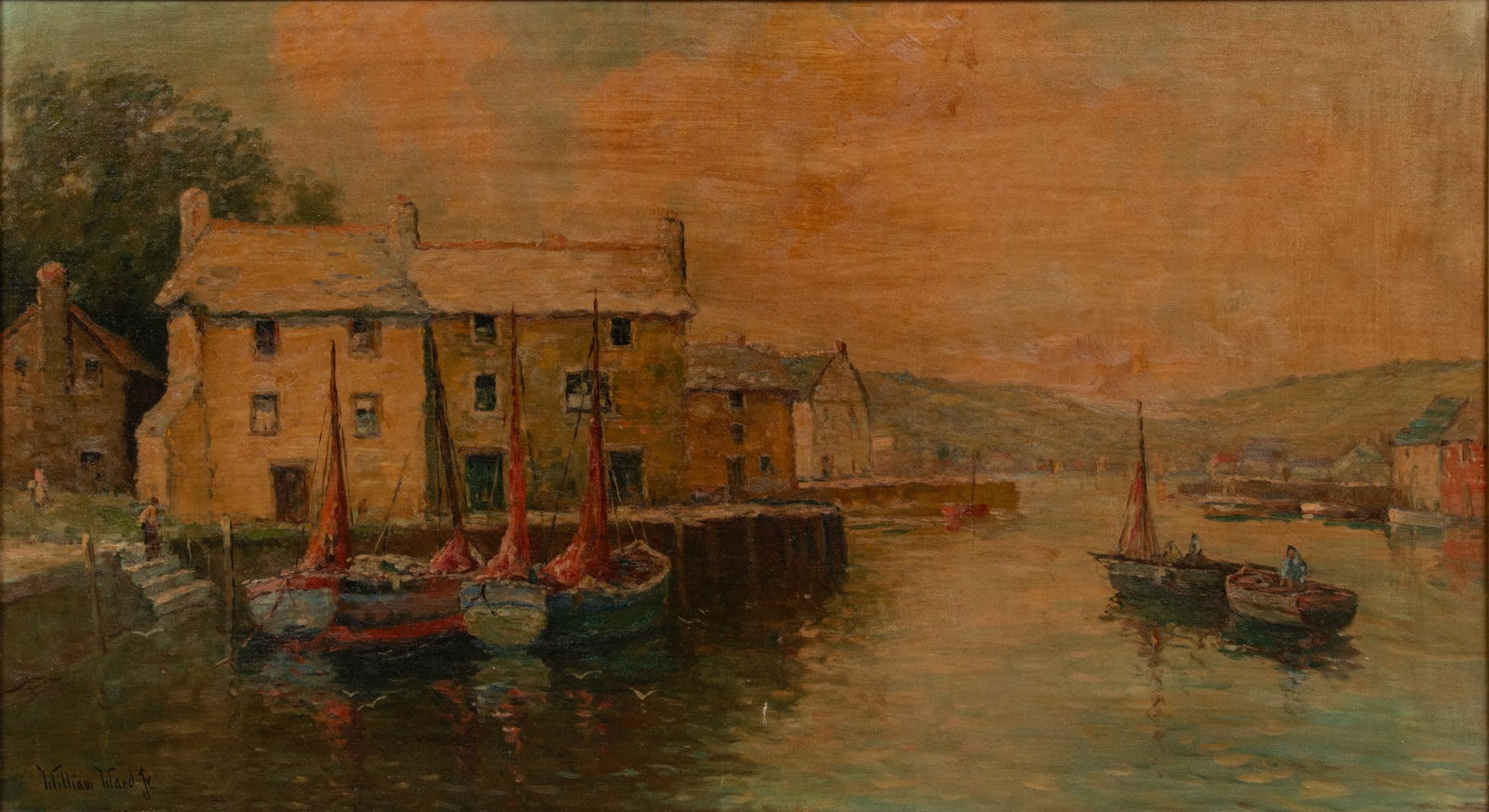 William Ward Jr. (Canada, 1879-1935) Oil on Canvas "Wharf Scene", H 20" W 36": William Ward Jr. (Canada, 1879-1935) Oil on Canvas "Wharf Scene", H 20" W 36" | Signed in the lower left. Dockside village scene with moored vessels. William Dudley Burnett Ward was born in Staffordsh