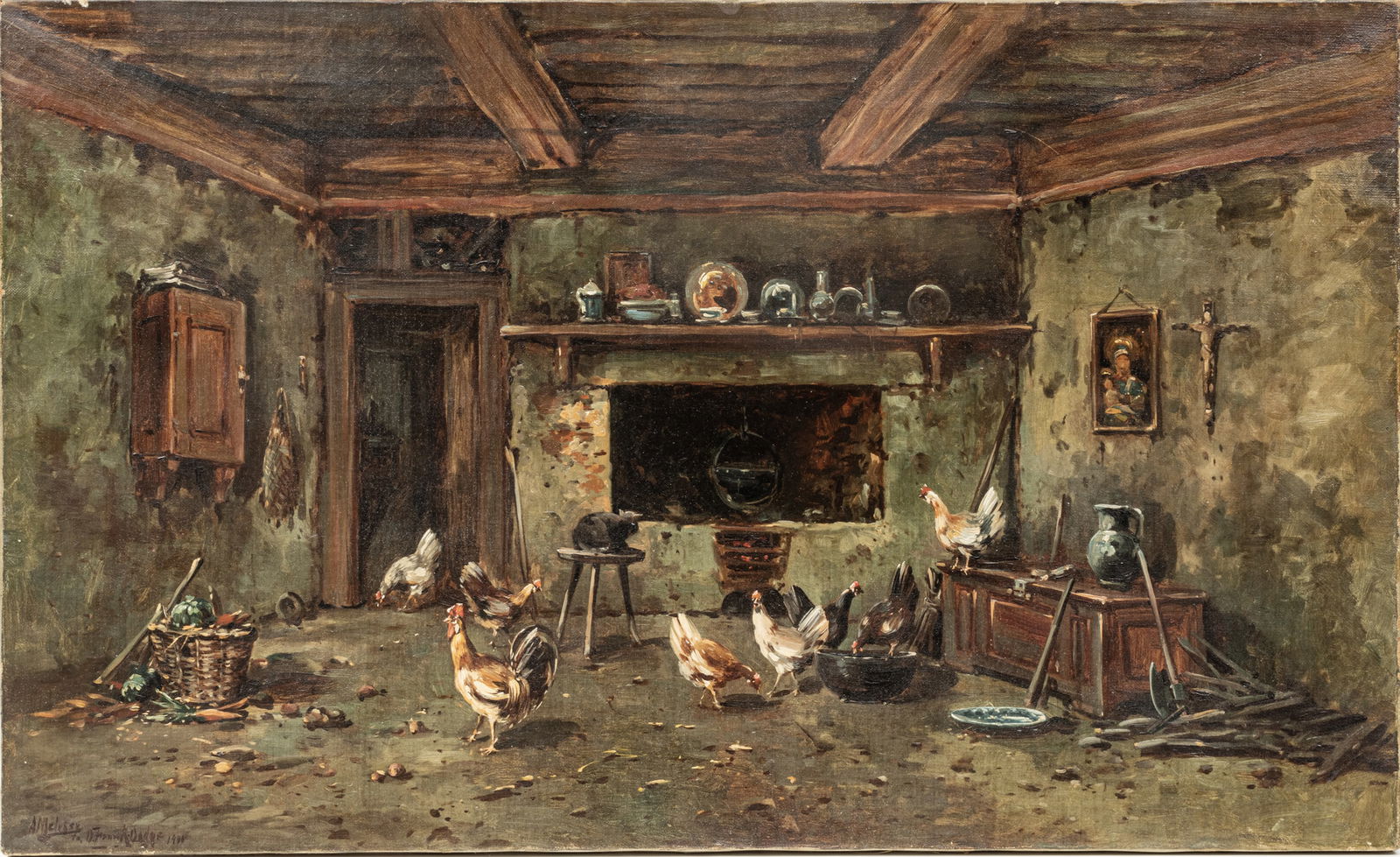 Andrew W. Melrose (Scottish-American, 1836-1901) Oil on Canvas, Ca. 1900, "Interior with Chickens",: Andrew W. Melrose (Scottish-American, 1836-1901) Oil on Canvas, Ca. 1900, "Interior with Chickens", H 24" W 38" | Signed, dated and dedicated in the lower left. Depicting chickens and a cat in a rural