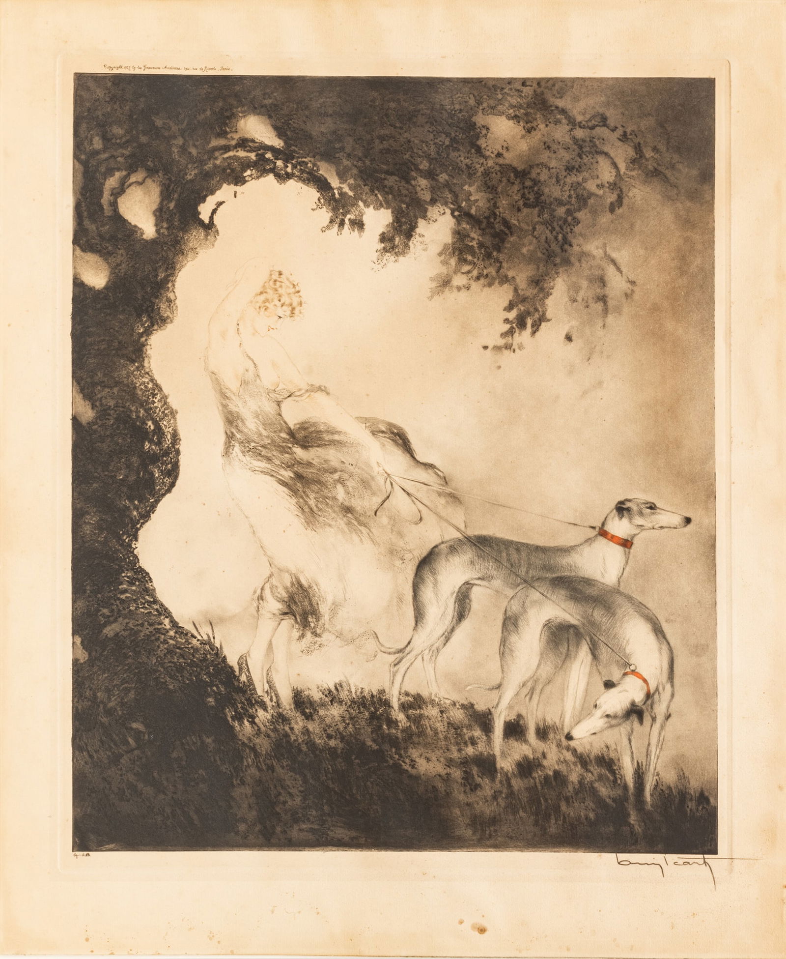 Louis Icart (French, 1888-1950) Etching on Wove Paper 1925, "Gust of Wind, Coup De Vent", H 21" W (1 of 8)