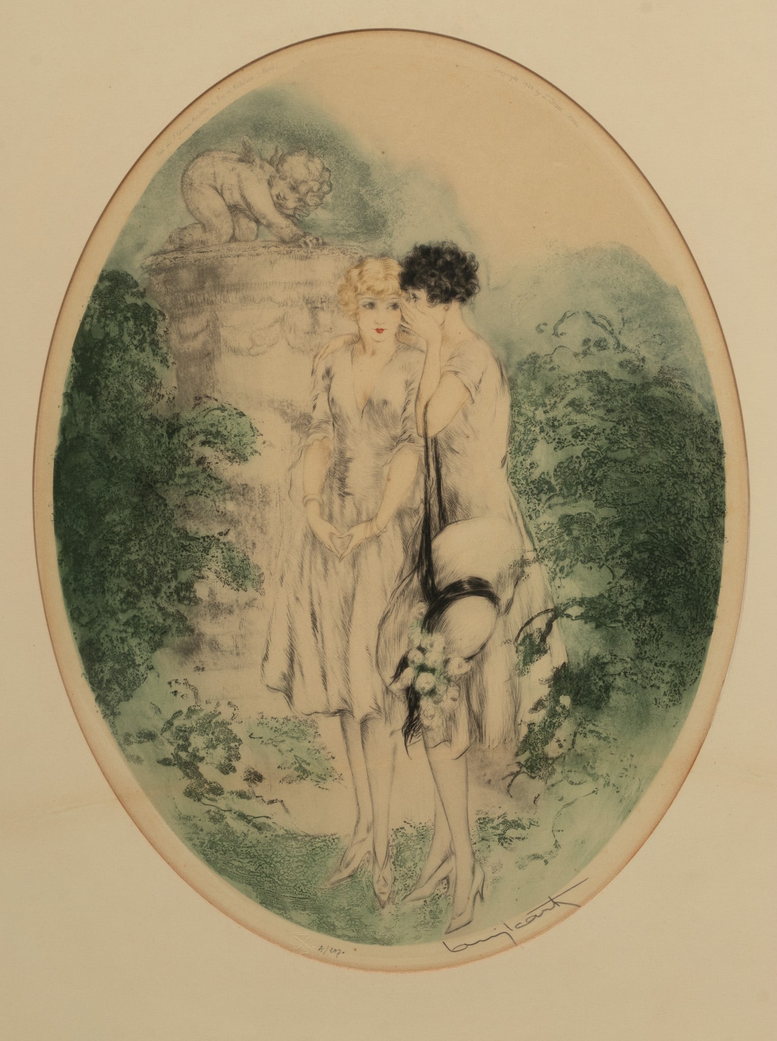 Louis Icart (French, 1888-1950) Drypoint Etching in Colors on Paper, 1928, "Listen (écouté (1 of 7)