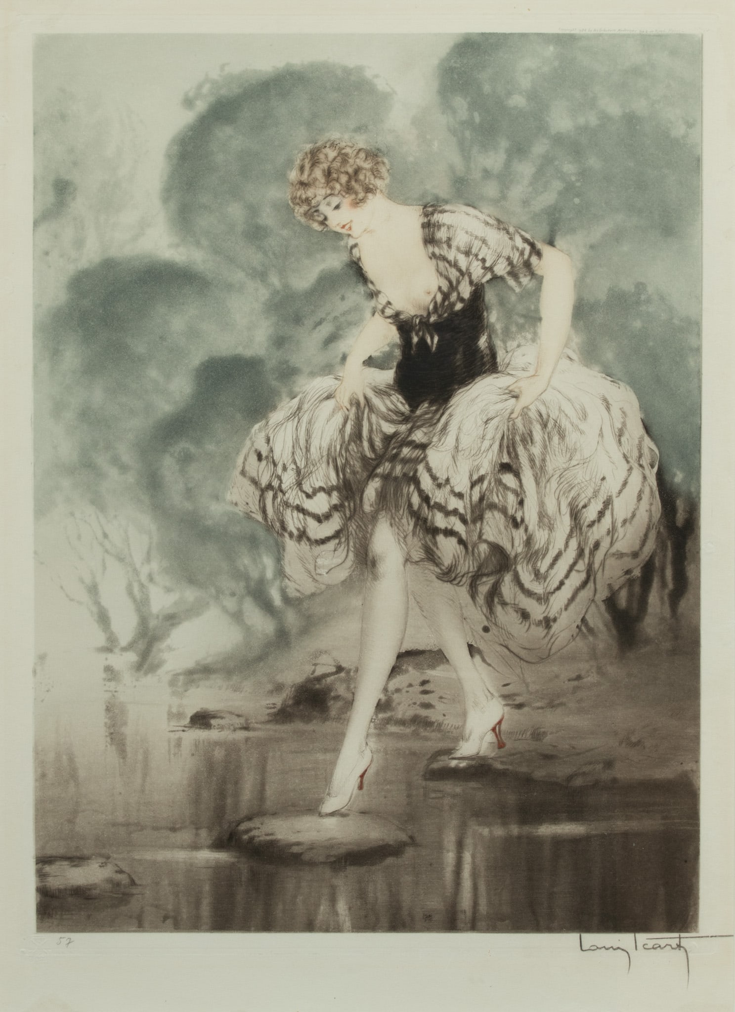 Louis Icart (French, 1888-1950) Etching And Aquatint in Colors on Paper "Stepping Stones", H 18.75" (1 of 5)