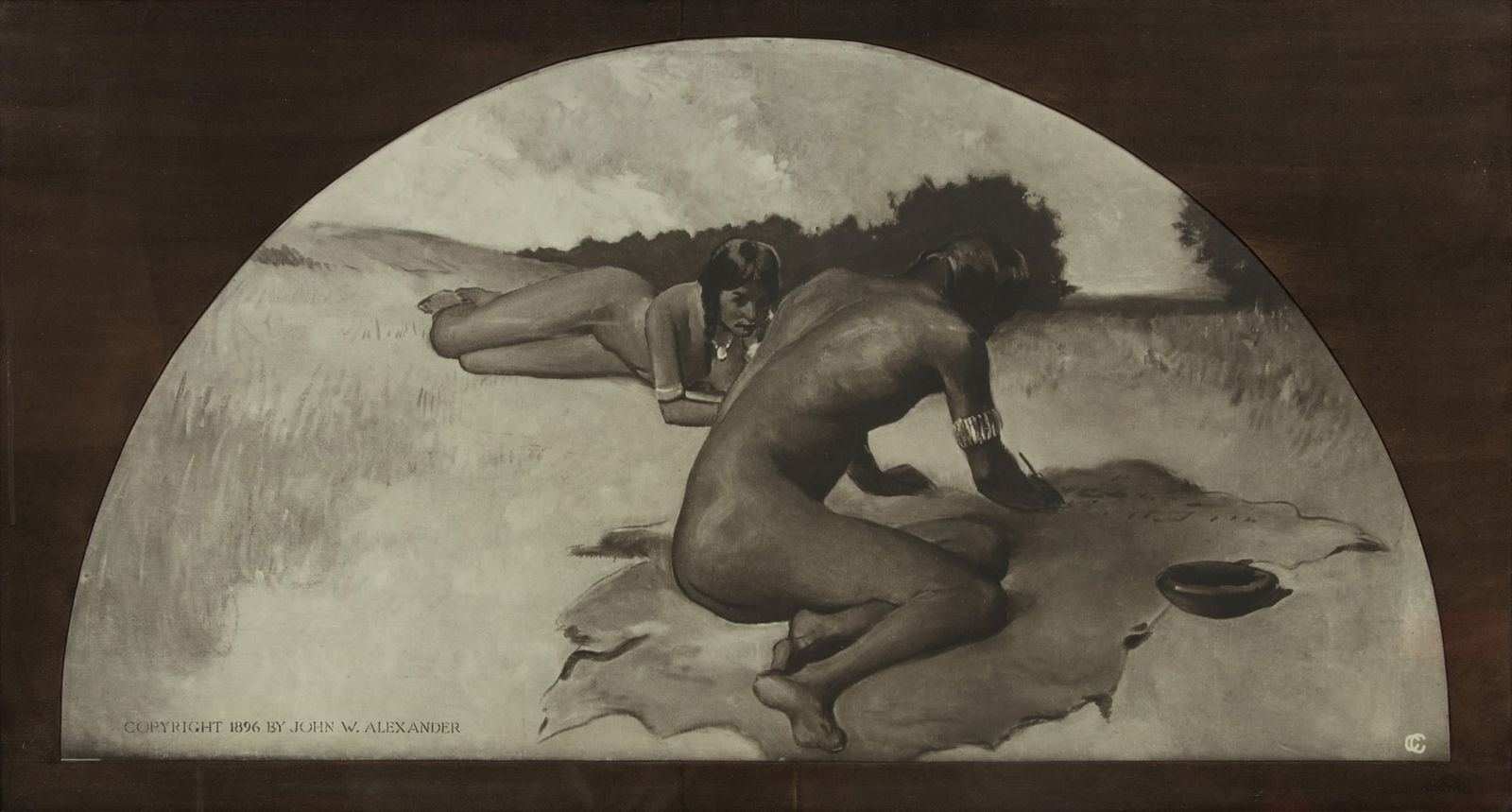 John White Alexander (American, 1856-1915) Black And White Print on Paper, Ca. Early 20th C.,: John White Alexander (American, 1856-1915) Black And White Print on Paper, Ca. Early 20th C., "Indian Picture Writing", H 20" W 39" | Printed image of "Picture Writing", part of a series of murals "Th