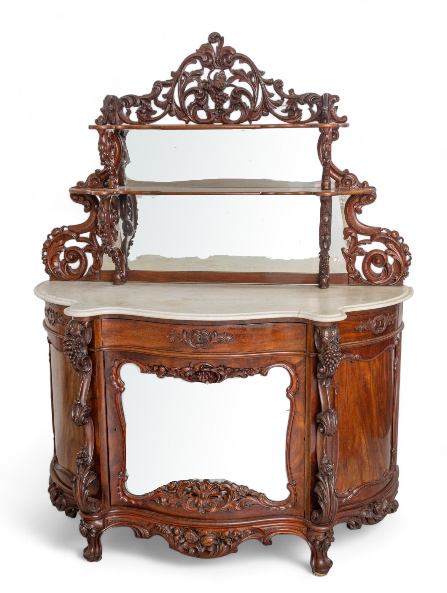 American Rococo Revival Carved Rosewood Marble Top Mirrored Back Sideboard, 19th Cen., H 76" W 60.5" (1 of 6)