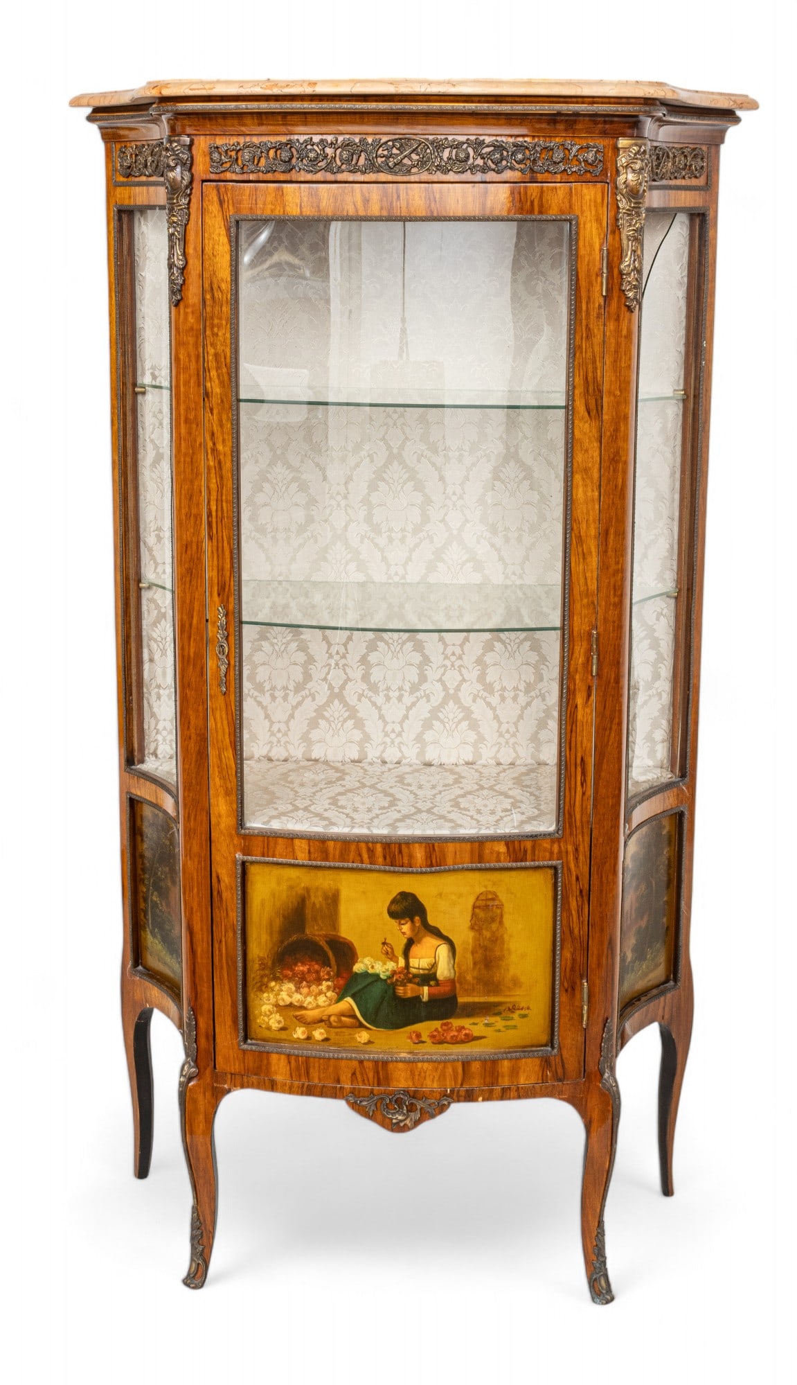 French Vernis Martin Style Walnut Vitrine Cabinet, Marble Top, Ca. 20th C., H 64.25" W 31.25" Depth (1 of 10)