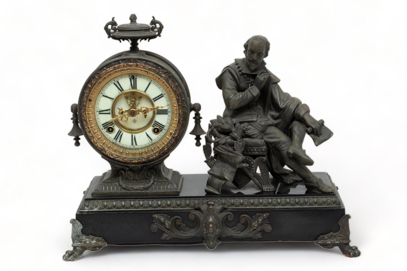 Ansonia Mantle Clock, Spelter Figure of Shakespeare, Marble Base Ca. 1880, H 14'' W 17'' (1 of 6)