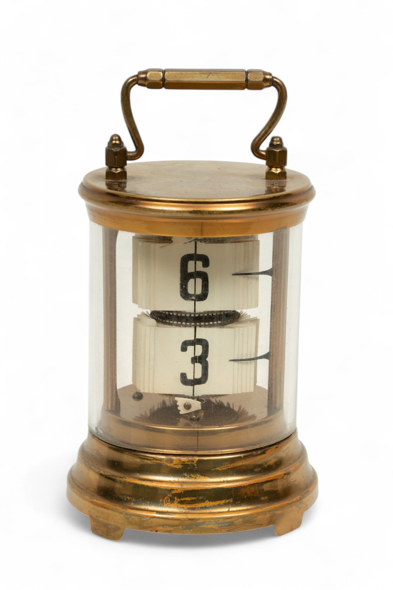 Plato Clock (American) Brass & Glass Carriage Flip Clock, Ca. 1900, H 5.75" Dia. 3.5" (1 of 5)