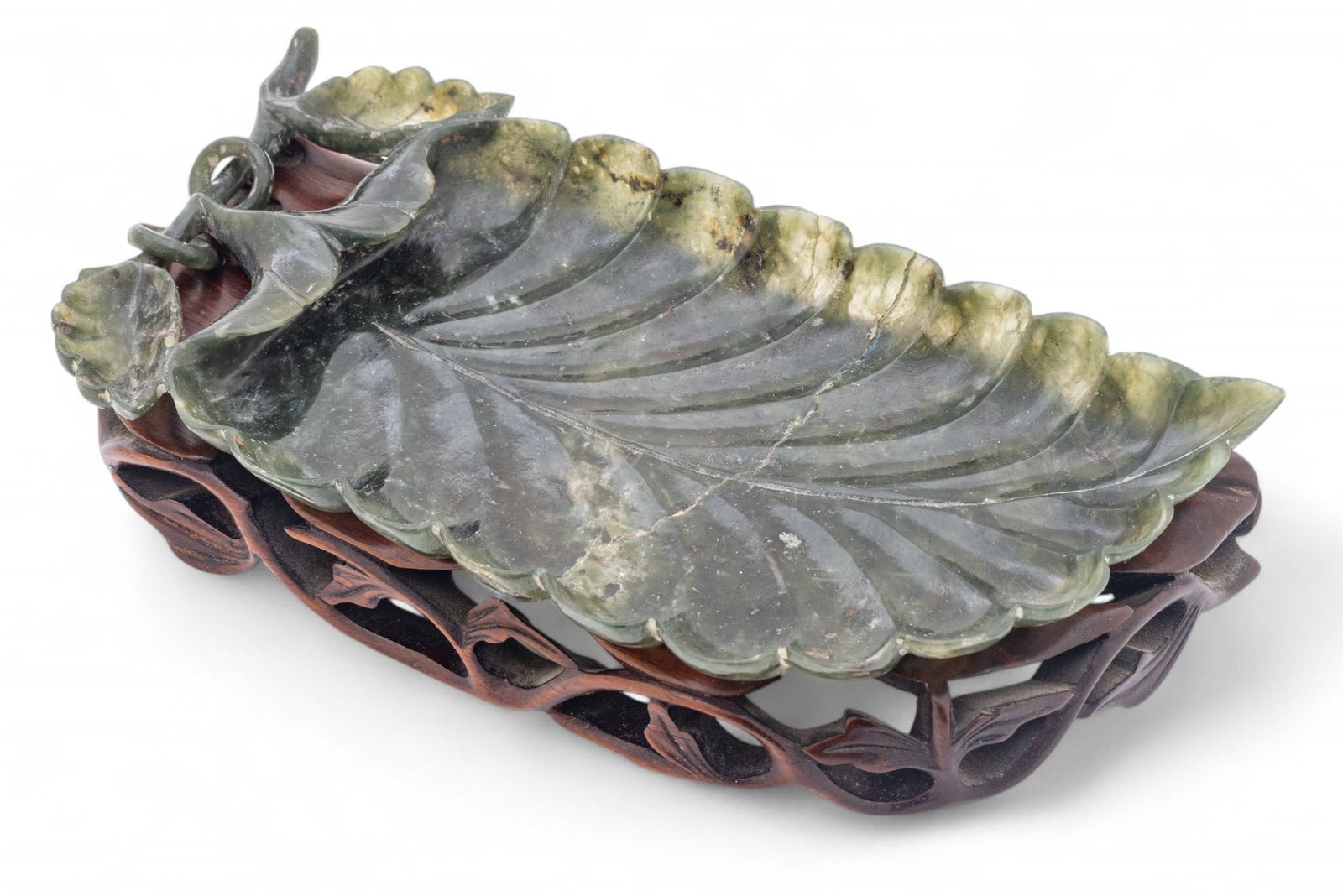 Chinese Spinach Jade Leaf Form Dish Ca. 1900, W 4" L 7.2" (1 of 6)