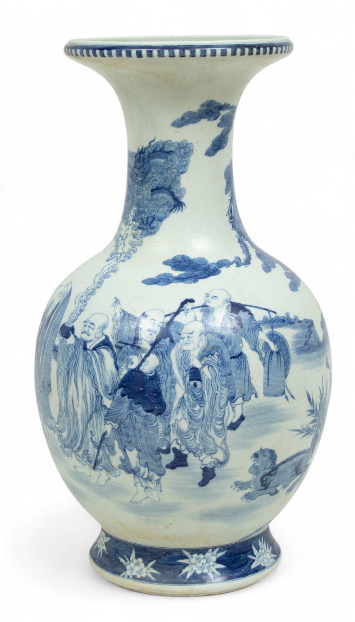 Chinese Magnum Porcelain Blue on White Vase, H 25" Dia. 13": Chinese Magnum Porcelain Blue on White Vase, H 25" Dia. 13" | Bulbous vase showing procession of figures and friendly tigers. Bearing calligraphic marks to the underside under glaze.