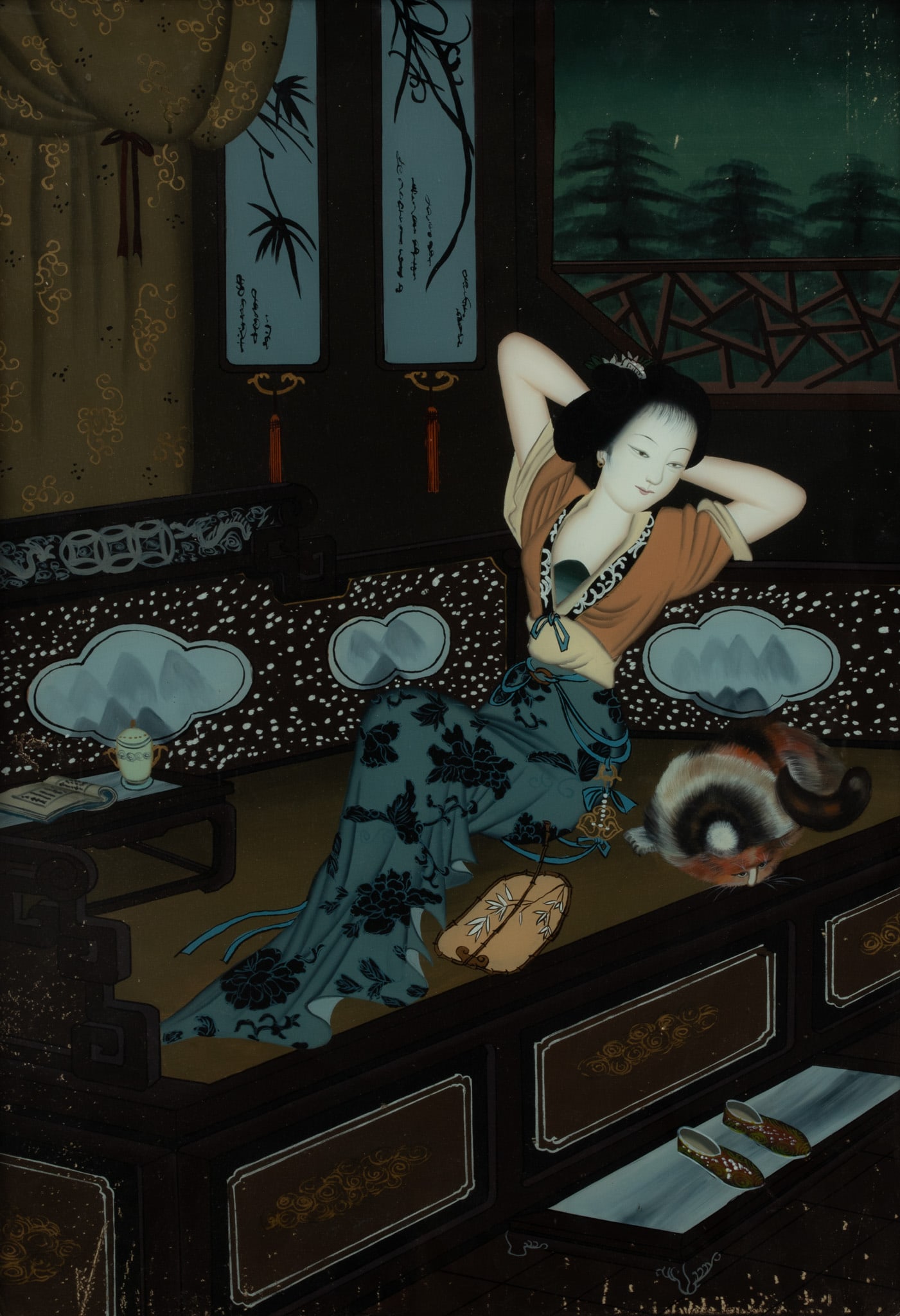 Chinese Reverse Painting on Glass, Noble Woman with Cat, 1900, H 25.5" W 17.5": Chinese Reverse Painting on Glass, Noble Woman with Cat, 1900, H 25.5" W 17.5" | Depicting a noble woman resting on a bed with a cat. Wood frame and backing. Frame measures H 28" X W 20". Provenance: 
