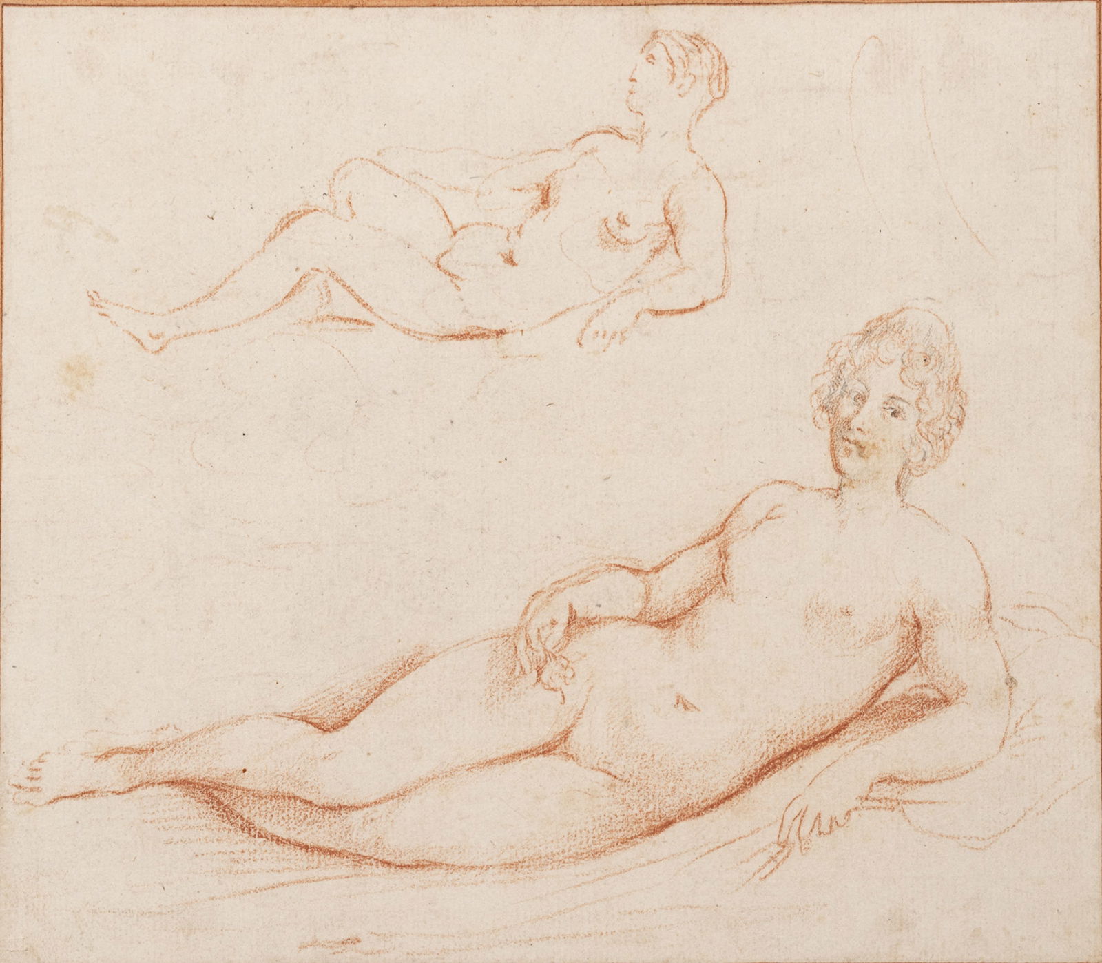 Giovannie Baglione (Italian, 1571-1644) Conte Crayon & Pencil on Cream Laid Paper, "Reclining Female: Giovannie Baglione (Italian, 1571-1644) Conte Crayon & Pencil on Cream Laid Paper, "Reclining Female Nude Studies", H 9" W 10.5" | Unsigned. Stamped with collector's blindstamp 'TL' to the lower left
