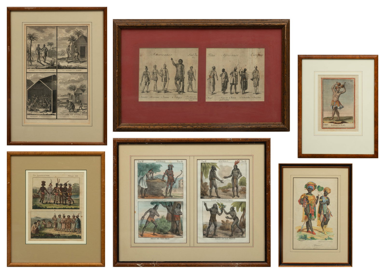 Native Peoples Hand-Colored Lithographs on Paper, 18th C., Group of 6 , Frames Measure H 12"-19" X W (1 of 20)