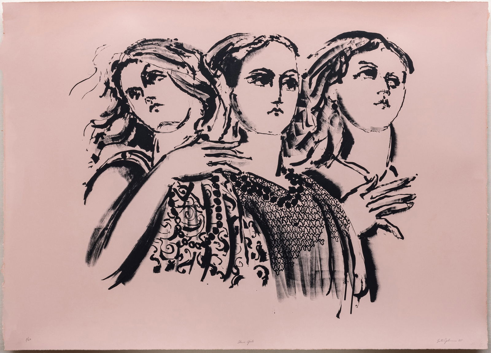 Lester F. Johnson (American, 1919-2010) Serigraph on Pink Paper, Ca. 1985, "Three Girls", H 30" W: Lester F. Johnson (American, 1919-2010) Serigraph on Pink Paper, Ca. 1985, "Three Girls", H 30" W 42" | Pencil signed and dated in the lower right. Titled in the lower center with an edition of 1/60 i
