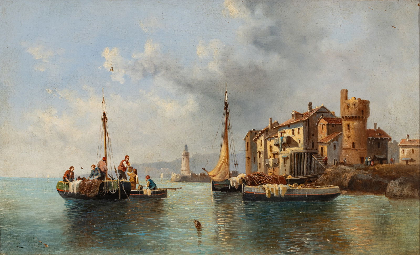 Italian Oil on Canvas Fishermen Off the Port of Livornio, Tuscany 19th C., H 13" W 20" (1 of 9)