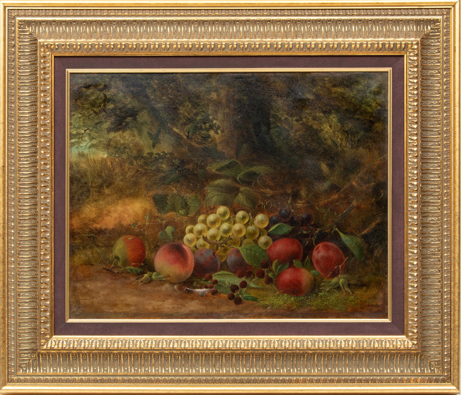 B. Lands, Oil on Canvas, 1871, "Still Life with Peaches, Grapes, And Berries", H 16" W 21": B. Lands, Oil on Canvas, 1871, "Still Life with Peaches, Grapes, And Berries", H 16" W 21" | Signed 'B. Lands 1871' in the lower right. Still life of peaches, plums, raspberries and grapes in a forest