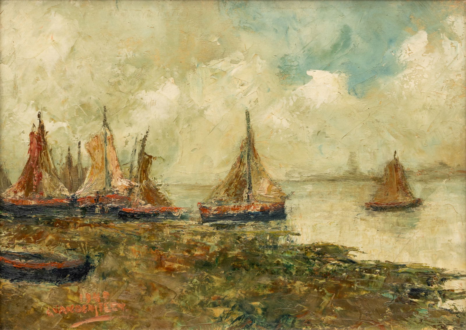 Dutch Oil Painting on Masonite 1949, H 9" W 12": Dutch Oil Painting on Masonite 1949, H 9" W 12" | Numerous boats with raised sails near shore. Signature is difficult to read: Vande-een. Frame 15" X 18".