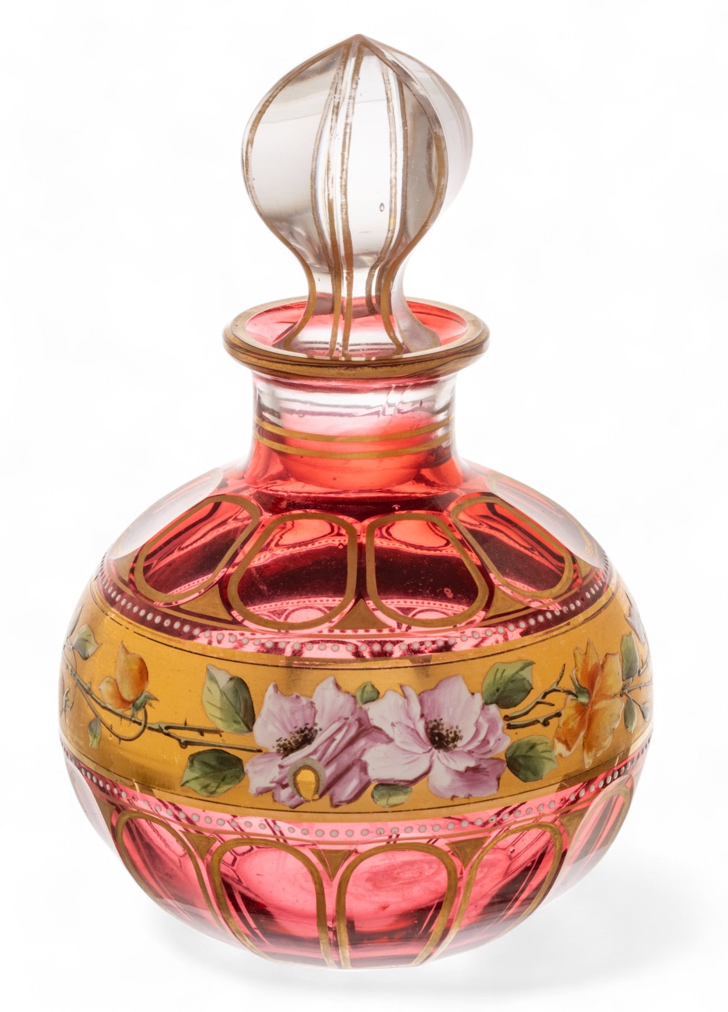 Moser (Czech) Crystal Cranberry And Gold Gilt Hand Blown Decanter, Ca. 1900 (1 of 5)