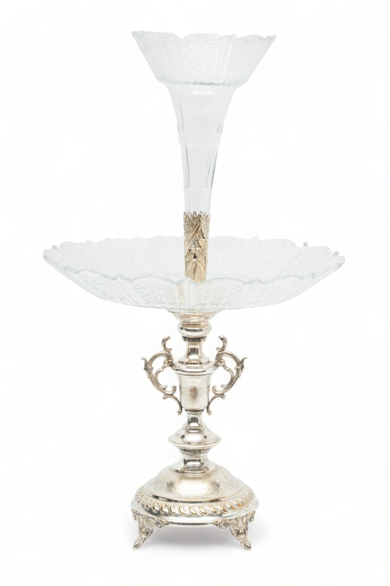 Silver Plate And Cut Glass Epergne Centerpiece Ca. 19th.c, H 21'' Dia. 12'' (1 of 3)