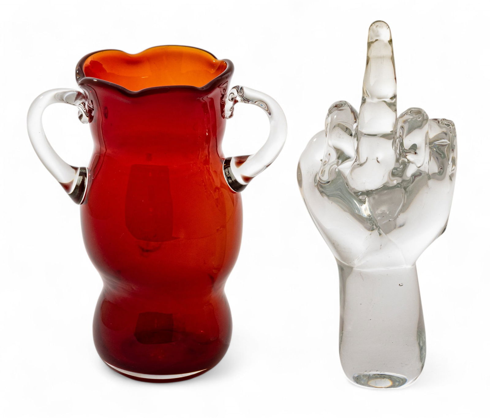 Paul A. Holton (American) for Steuben (American) Profane Glass Paperweight & Handled Vase, H 7.5" W (1 of 5)