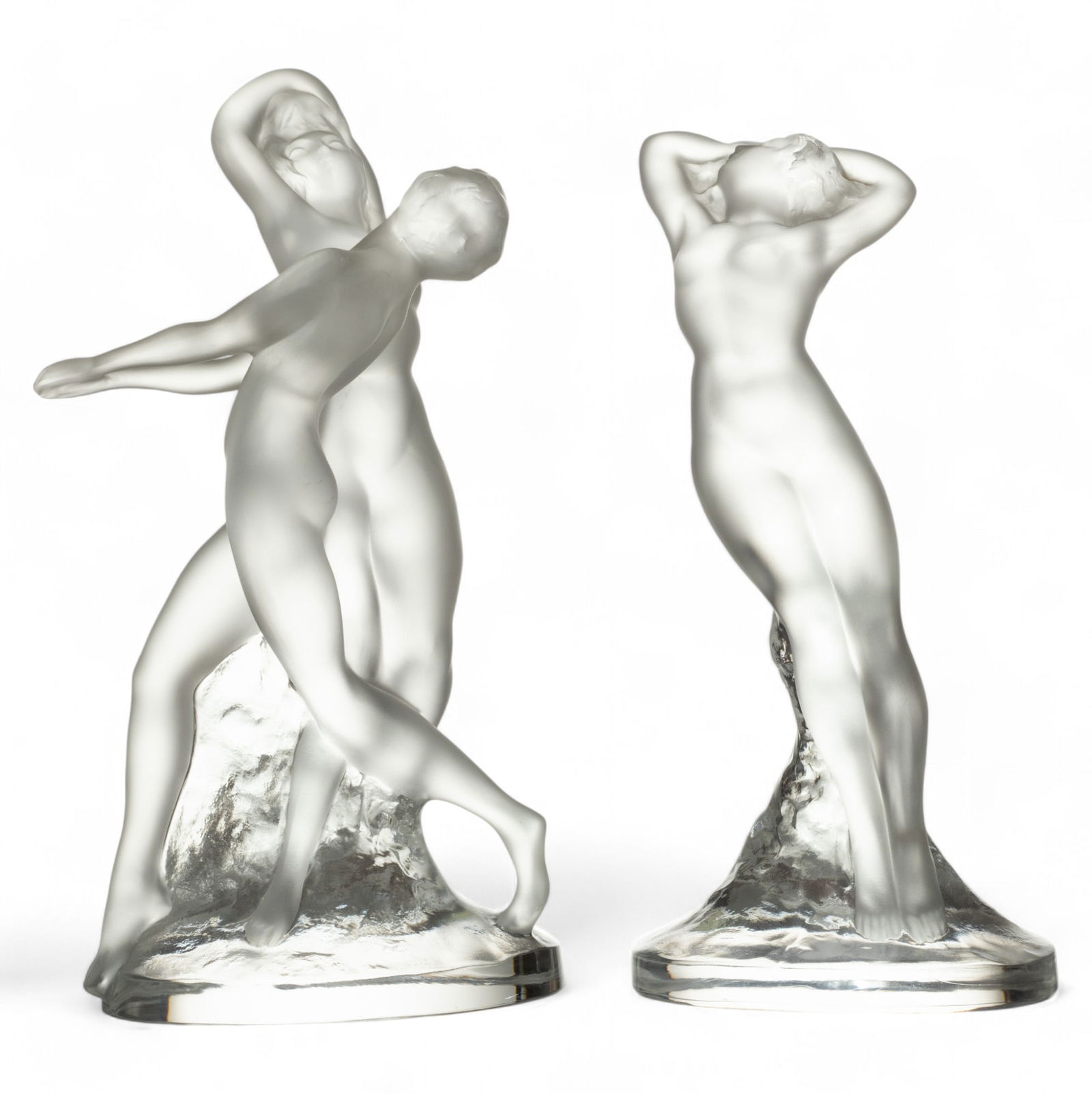 Lalique (French) 'Deux Danseuses' & 'Danseuse Bras Baisse' Frosted Crystal Figures, H 10" W 5.25" (1 of 4)
