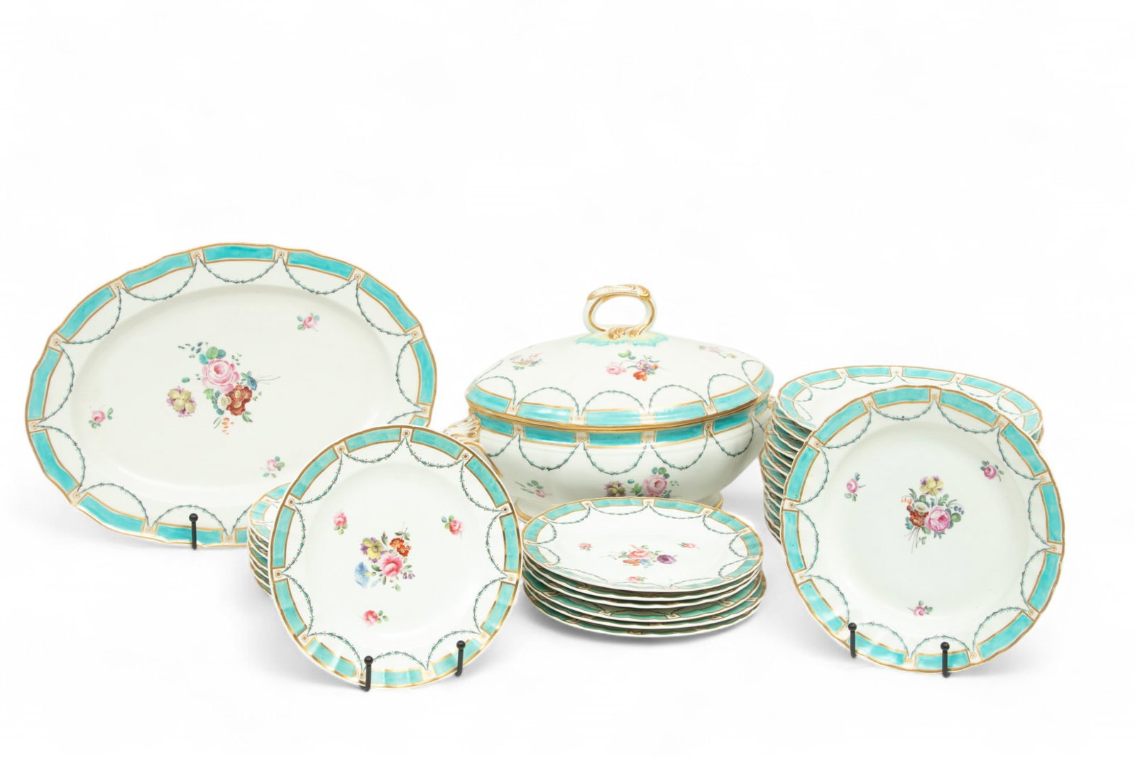 Derby (England) Turquoise Ground Porcelain Partial Service Ware, Ca. 1780, H 9" W 13.25" Depth 7.5": Derby (England) Turquoise Ground Porcelain Partial Service Ware, Ca. 1780, H 9" W 13.25" Depth 7.5" 30 pcs | the lot includes fourteen luncheon plates (DIA 8.75"), fourteen dessert/bread plates (DIA 8