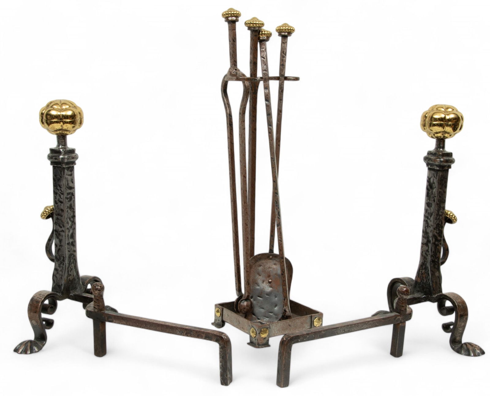 French Wrought Iron & Brass Andirons & Matching Fireplace Tools, 19th C., H 25" W 15" Depth 25" 6 (1 of 4)