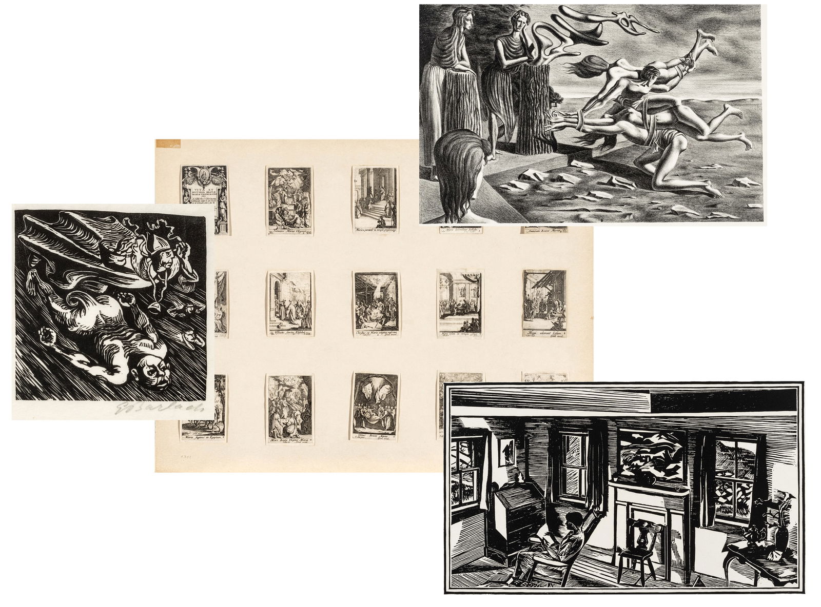 Group of Prints, Fiske Boyd, Jacques Callot, Federico Castellon, Ernst Barlach, 4 pcs: Group of Prints, Fiske Boyd, Jacques Callot, Federico Castellon, Ernst Barlach, 4 pcs | the lot includes one lithograph on wove paper by Federico Castellon (American-Spanish, 1914-1971) titled "Gordia