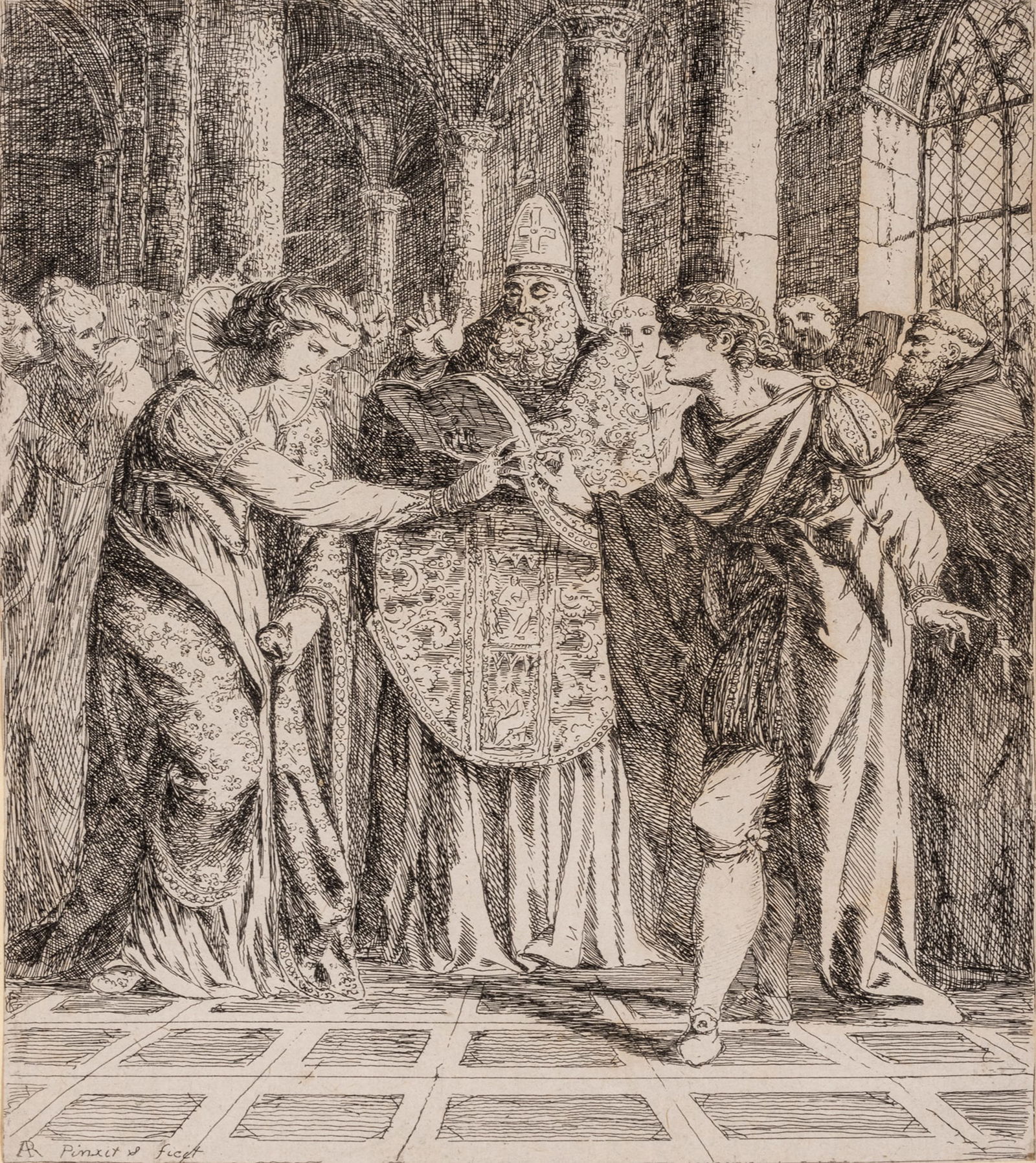 Alexander Runciman (British, 1736-1785) Etching on Wove Paper, Ca. Late 18th C., "Marriage of Saint: Alexander Runciman (British, 1736-1785) Etching on Wove Paper, Ca. Late 18th C., "Marriage of Saint Margaret", H 8.6" W 7.12" | Framed under acrylic in a gilt and painted wood frame, H 20", W 18.5". I