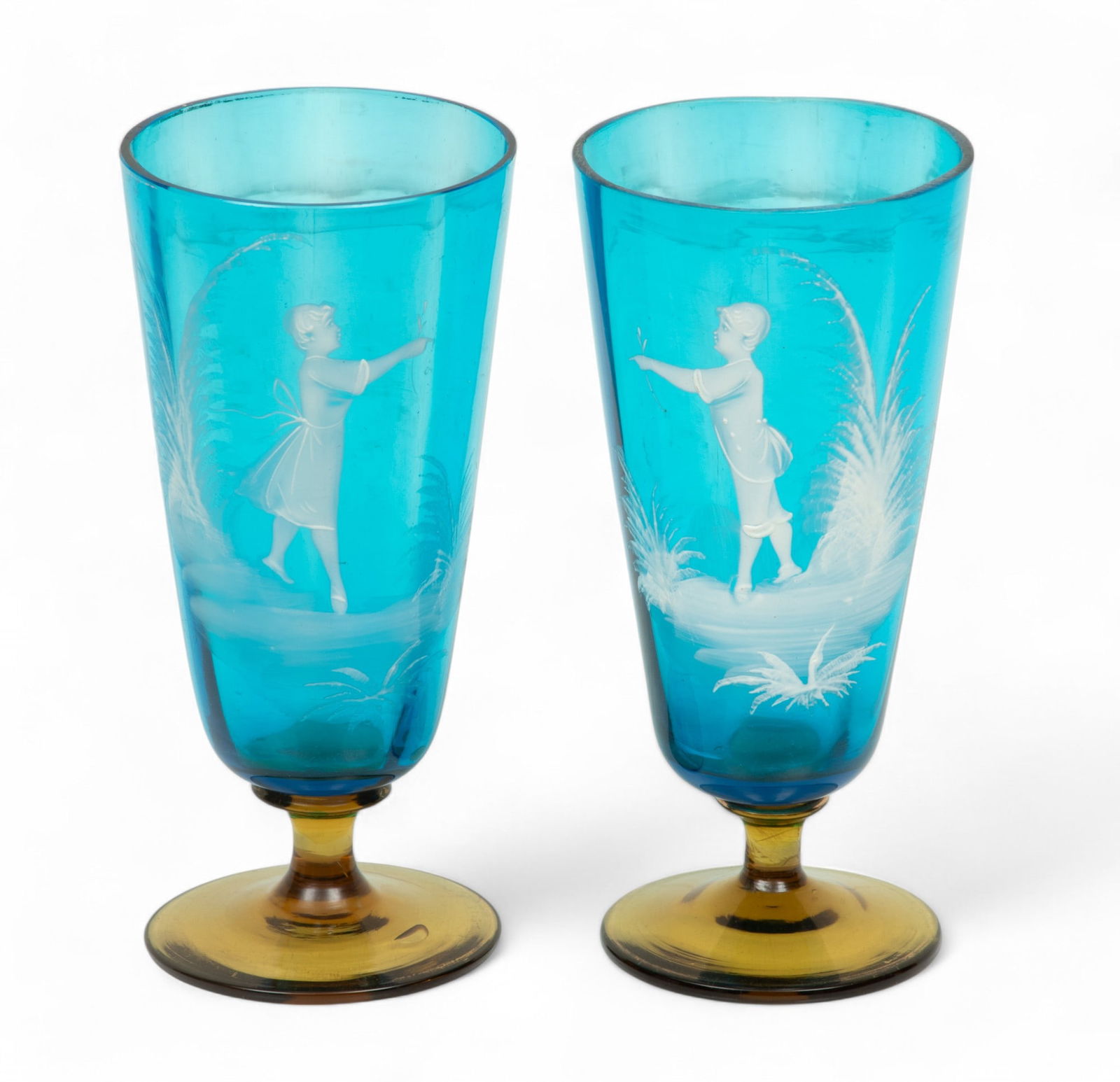 Mary Gregory (American, 1856-1908) Hand Decorated Enamel Iced Tea Glasses, Trysting Children, Ca. (1 of 4)