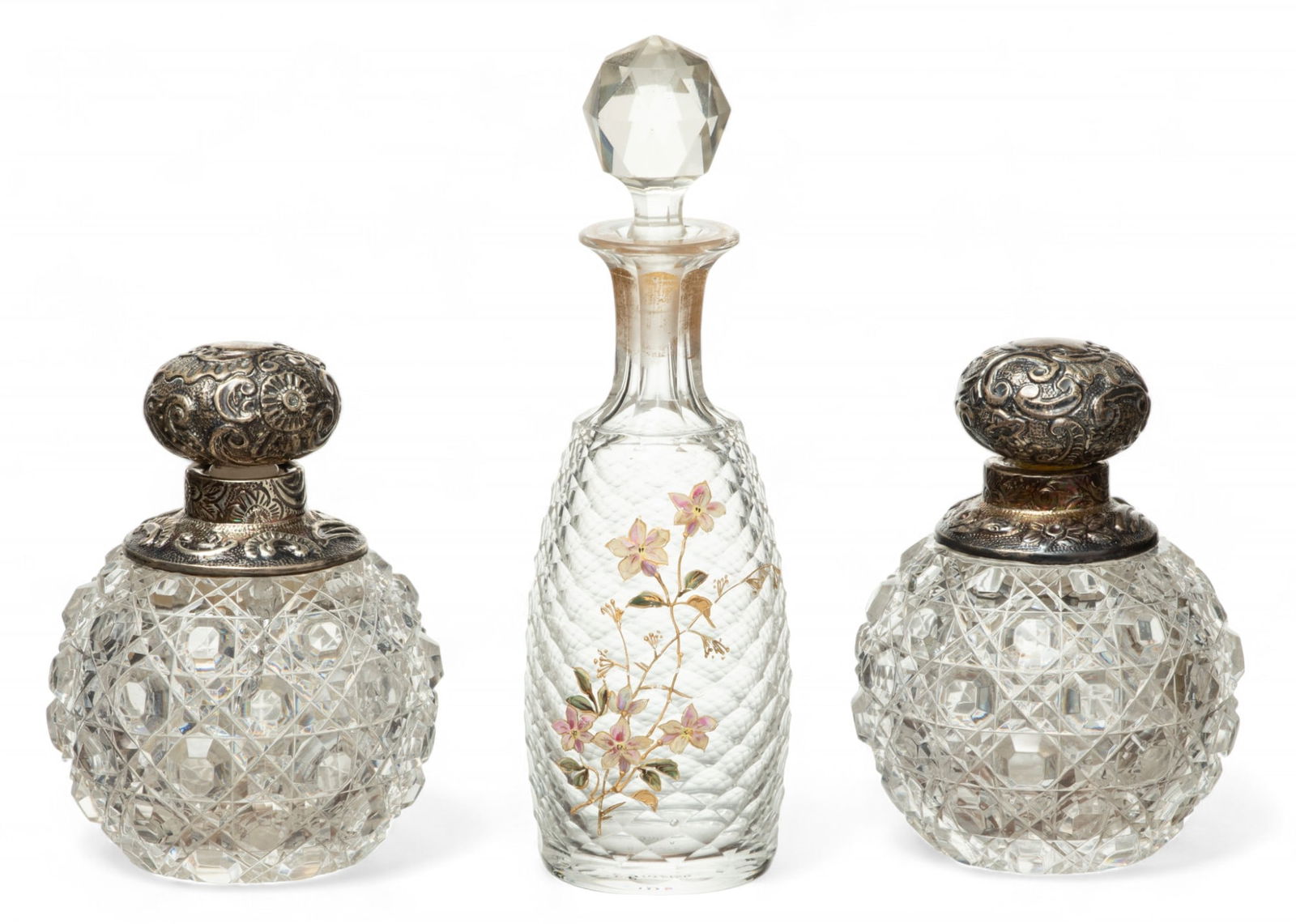 Brilliant Cut Glass & Sterling Cologne Bottles (2), Crystal & Enamel Cologne (1) H 6.5" 3 pcs (1 of 4)