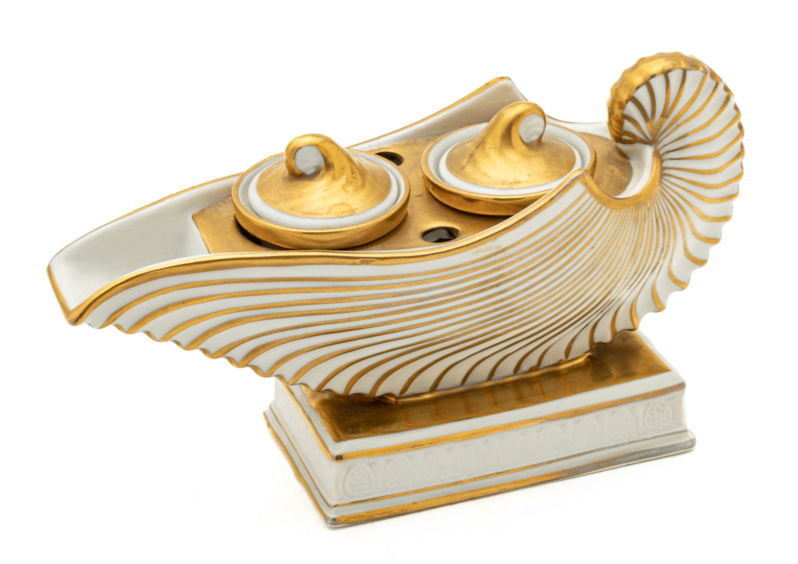 RPM Bavarian Porcelain, Shell Form Inkwell Ca. 19th.c., H 4'' W 6.5'': RPM Bavarian Porcelain, Shell Form Inkwell Ca. 19th.c., H 4'' W 6.5'' | Double inkwells. Fired gold highlights. Signed in blue with eagle.