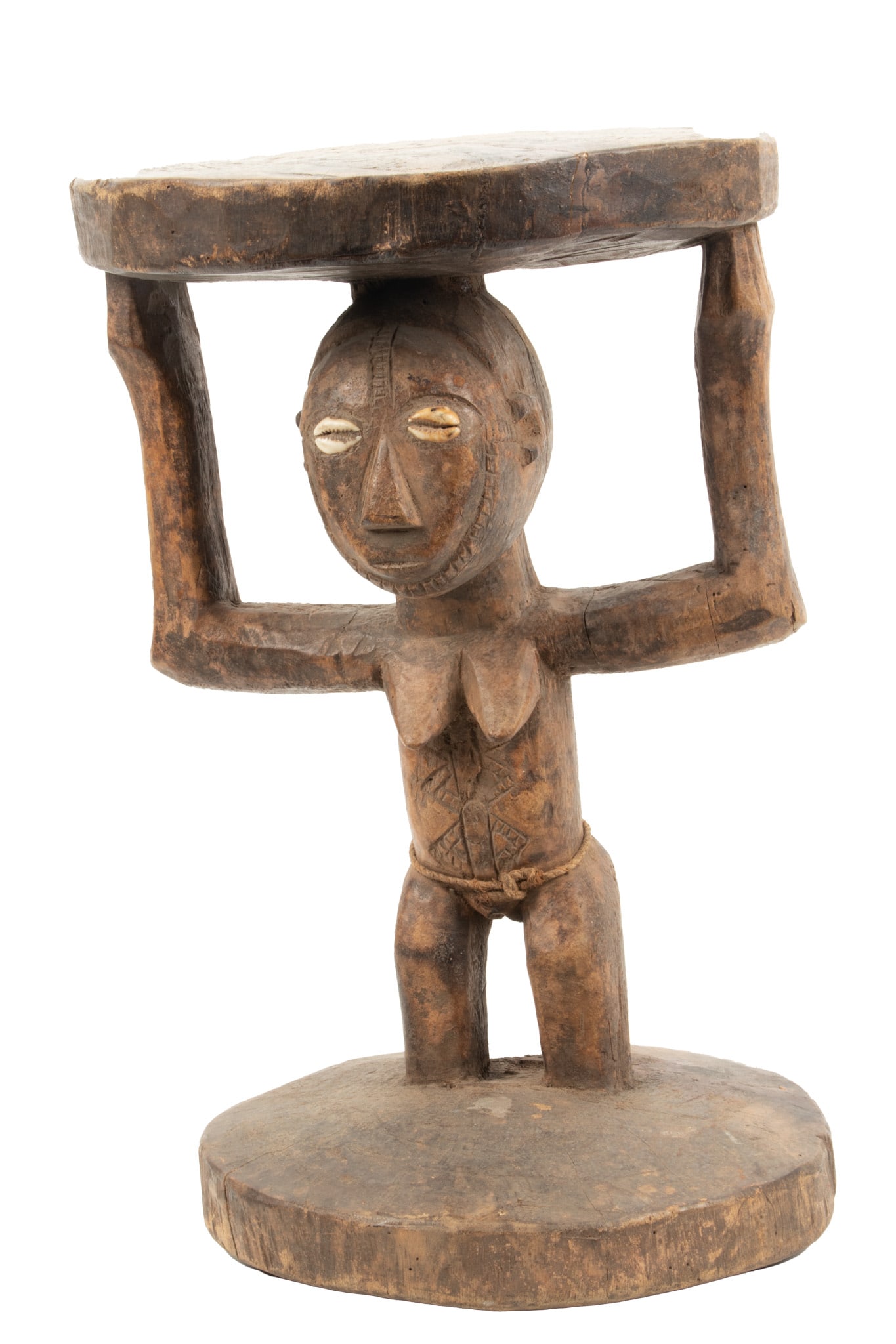 African, Tanzania, Carved Wood Stool with Standing Female Support, H 15.75" Dia. 9.5" (1 of 4)