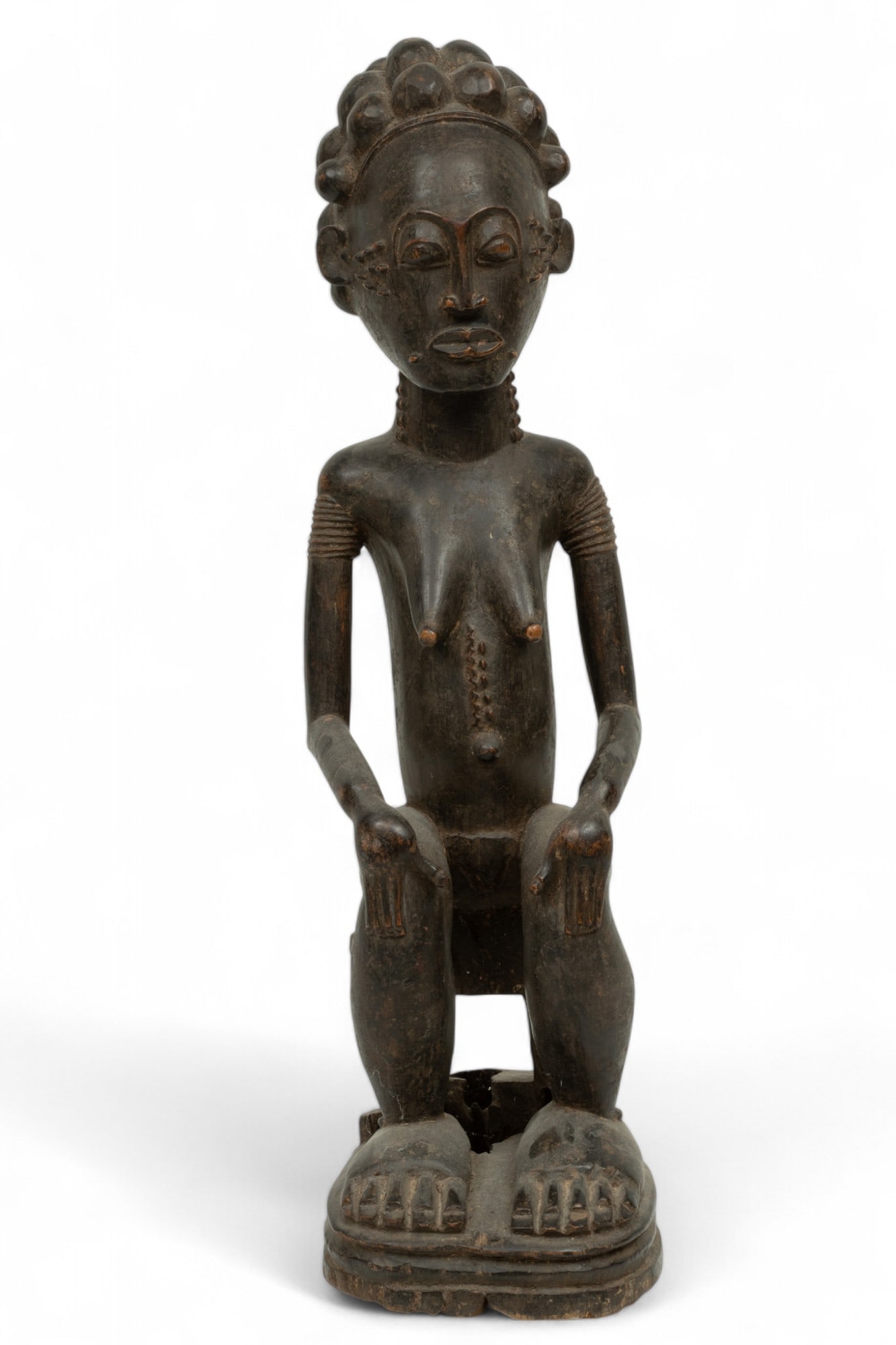 Ivory Coast, Baule Peoples, Carved Wood Seated Female Figure, H 22.5" W 6" Depth 7.5" (1 of 5)