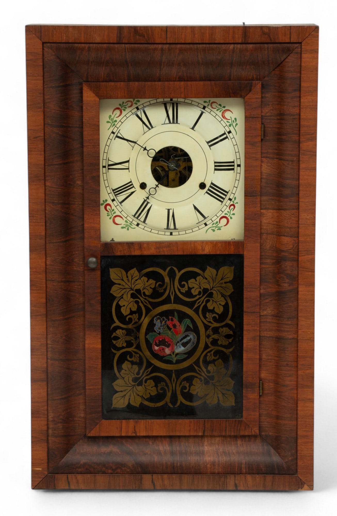 Seth Thomas Shelf Clock Ca. 1880, H 25" W 15": Seth Thomas Shelf Clock Ca. 1880, H 25" W 15" | Mahogany veneer. Two cast iron weights. Brass weights. Reverse painted lower glass panel.