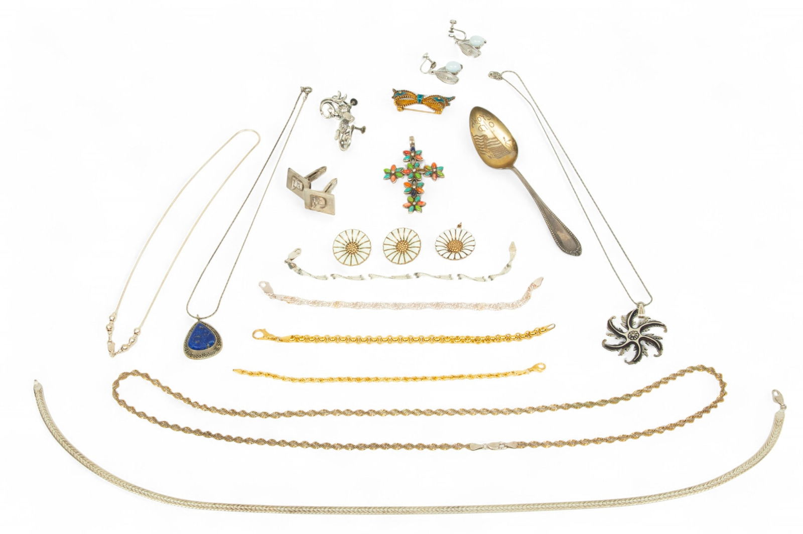 Sterling Silver Chains, Pins, Earrings (20pcs)+ Old Glory Teaspoon 21 pcs (1 of 6)