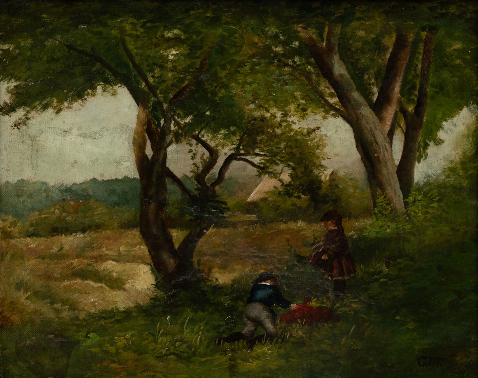 American Oil on Canvas, Ca. 1885-1900, "Children Gathering Apples", H 11" W 13.75" (1 of 4)
