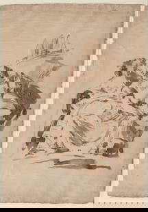 In the Manner of Giovanni Domenico Tiepolo (Italian, 1727-1804) Ink Wash on Laid Paper, "Rinaldo And: In the Manner of Giovanni Domenico Tiepolo (Italian, 1727-1804) Ink Wash on Laid Paper, "Rinaldo And Armida", H 12.75" W 8.75" | Unsigned. Depicting the knight Rinaldo and the sorceress Armida in her