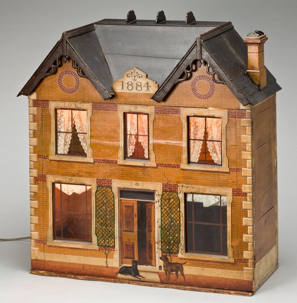 VICTORIAN DOLL HOUSE, DATED 1884, H 33", W 31": VICTORIAN DOLL HOUSE, DATED 1884, H 33", W 31", D 13":two story house with swing open front wall opening to five wall papered rooms. Curtains on windows. Carpet on stairway, fireplace.