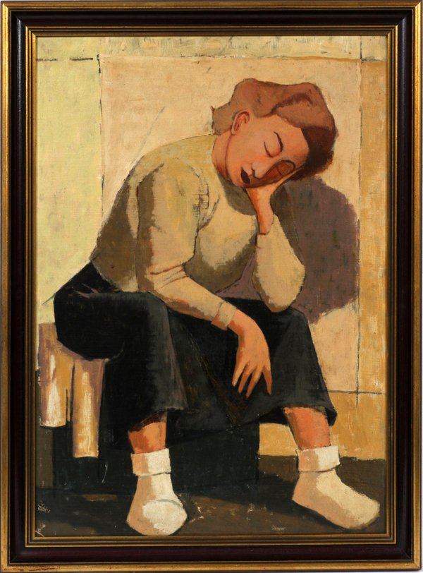 OIL ON MASONITE, 28" X 20" SEATED WOMAN NAPPING: OIL ON MASONITE, 28" X 20", SEATED WOMAN NAPPING:The illegibly signed painting depicts a woman, head in hand, dozing off while seated on a box, wearing a sweater, skirt and bobby socks. Marked on vers