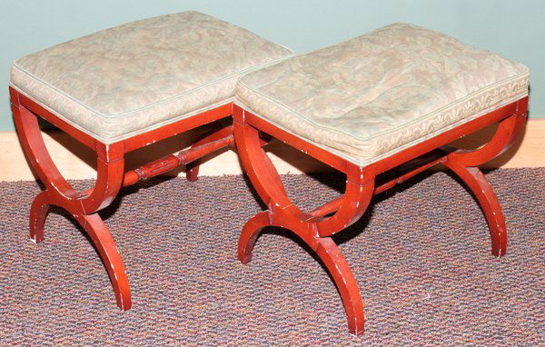 JOHN WIDDICOMB FORTUNY SILK UPHOLSTERED STOOLS: JOHN WIDDICOMB FORTUNY SILK UPHOLSTERED FOOT STOOLS, PAIR, H 16", L 20", D 15":orange painted frames, upholstered cushions; trestle stretchers and 'X' form legs;