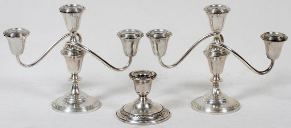 FISHER AND WHITING STERLING SILVER CANDELABRAS,: FISHER AND WHITING STERLING SILVER CANDELABRAS, 3 PCS, H 4" & 8", W 11":includes a pair of Fisher weighted Sterling silver three light convertible candelabras, 8" H. x 11" W. plus one Whiting Sterling
