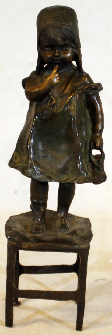 JEAN CLARA, BRONZE SCULPTURE, GIRL ON CHAIR,: JEAN CLARA, BRONZE SCULPTURE, GIRL ON CHAIR, H 12", L 3":depicts a child standing on a stool;