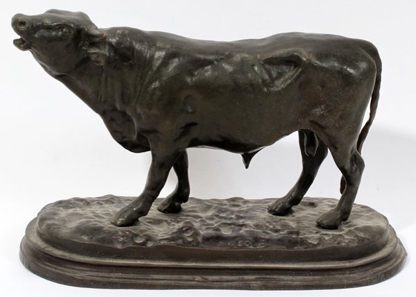 AFTER ROSA BONHEUR, SMALL BRONZE SCULPTURE,: AFTER ROSA BONHEUR, SMALL BRONZE SCULPTURE, H 5 1/2", L 8", STANDING BULL.:Signed, "Rosa B"; dark brown patina. Stamped on the side of the cow is The Henry Bonnard Bronze Co. Mt. Vernon NY 1906. Jking