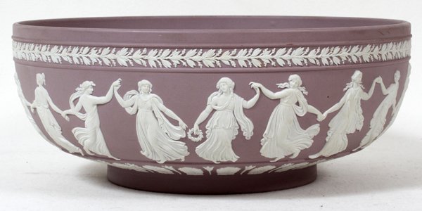 WEDGWOOD JASPERWARE BOWL, DIA 10": WEDGWOOD JASPERWARE BOWL, DIA 10":Lavender and white continuous cameo allegorical female dancing figures. Incised marks on underside "Wedgwood Made in England".