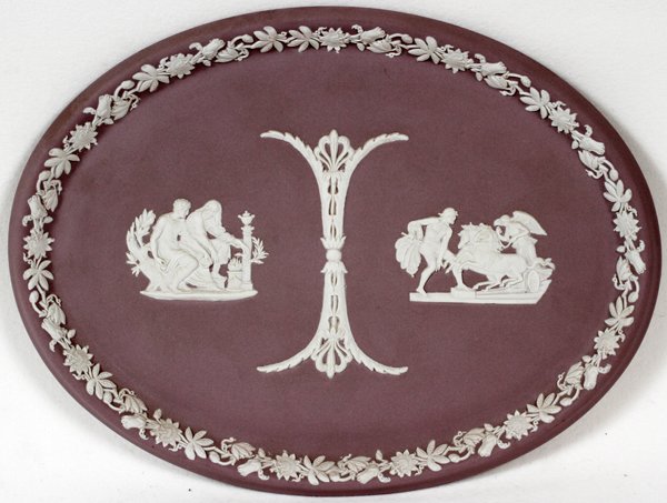 WEDGWOOD JASPERWARE OVAL PLATTER, DIA 10": WEDGWOOD JASPERWARE OVAL PLATTER, DIA 10":Double scene of Sacrifice to Aesculapius and Pegasus Watered by Bellerophon. Marked "Wedgwood" and "Made in England".