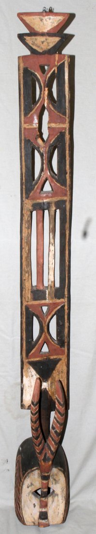 POLYCHROME AFRICAN SENUFU WOOD CARVING: POLYCHROME AFRICAN SENUFU WOOD CARVING, H 60":pierced painted wood design, with carved antelope horns and hollow gourd Senufu tribe, Ivory Coast