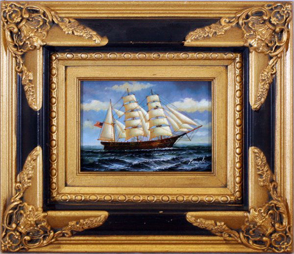 TEMPLE, OIL ON BOARD, 5" X 7": TEMPLE, OIL ON BOARD, 5" X 7":Depicting a three masted ship. Signed lower right; framed.