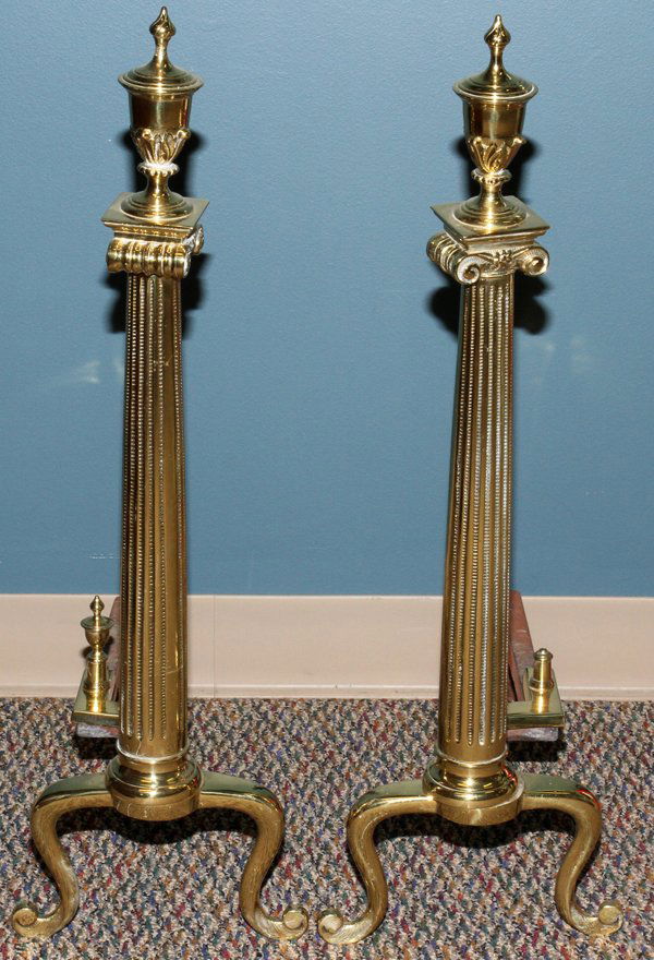 BRASS ANDIRONS, PAIR, H 28": BRASS ANDIRONS, PAIR, H 28":Fluted columns, urn finials.