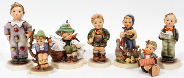 HUMMEL BISQUE FIGURES, SIX, H 4"-6": HUMMEL BISQUE FIGURES, SIX, H 4"-6":Collection includes Apple Tree Boy H 3 5/8", Trumpet Boy H 4 1/2", Feeding Time H 4 1/2", Soloist H 4 5/8", Playmates H 4" and Boy with Accordion H 2 3/4".