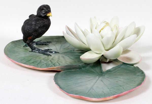 DOROTHY DOUGHTY ROYAL WORCESTER MOORHEN CHICK &: DOROTHY DOUGHTY FOR ROYAL WORCESTER, PORCELAIN MOORHEN CHICK & WATER LILY, H 12":having Royal Worcester mark, signed, Dorothy Doughty, dated 1964 and inscribed: "Moorhen Chick, Gallinula Chloropus and